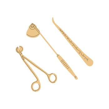 Hand drawn candle accessory set. Doodle trimmer, wick dipper and snuffer vector