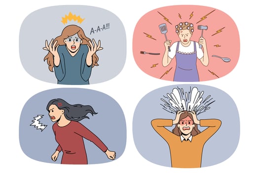Set of furious women yell and scream in different life situations. Collection of angry mad females shout show emotions. Emotional girl panic. Nervous breakdown. Flat vector illustration.