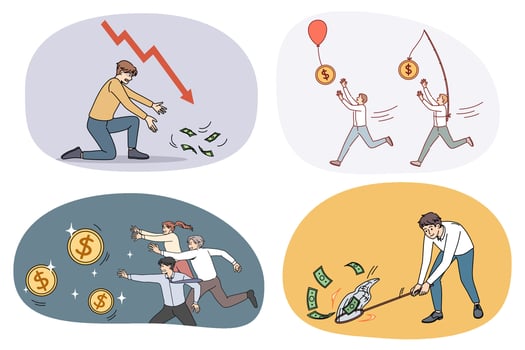 Collection of motivated businesspeople run catch money strive for business success. Set of employees chase after banknotes and coins. Finance and banking. Vector illustration.