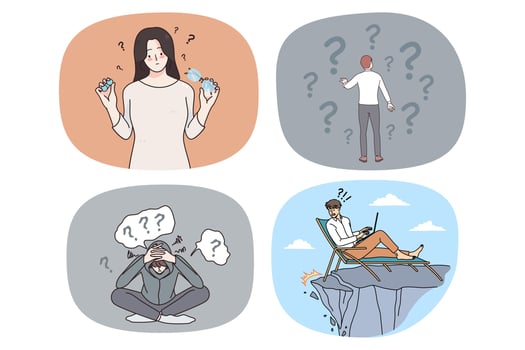 Set of diverse people feel confused unhappy think of problem solution. Collection of men and women surrounded with question marks brainstorm over trouble solving. Vector illustration.