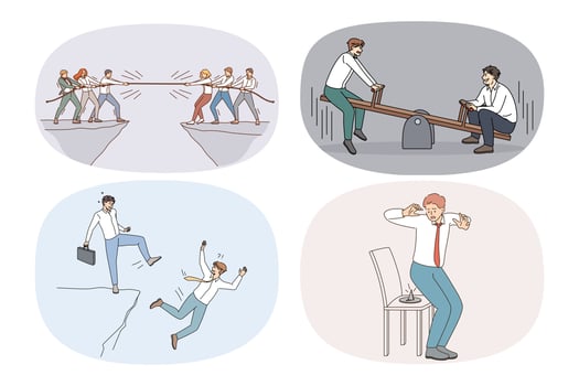 Set of diverse businesspeople involved in job competition for work place. Concept of rivalry and leadership. Collection of employees compete with colleagues for position. Vector illustration.
