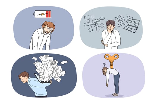 Set of tired businesspeople struggle with fatigue overwhelmed with job. Collection of exhausted employees or workers suffer from work stress or burnout. Overwork concept. Vector illustration.