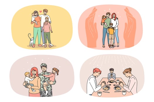 Collection of loving young family with children show unity and care. Set of smiling parents with small kids feel grateful and protected. Bonding and relation. Parenthood. Vector illustration.