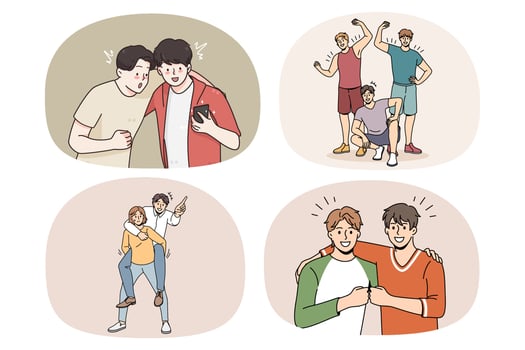 Set of smiling male friends hug show unity and respect. Collection of happy guys have fun relax rest together. Manhood and friendship concept. Flat vector illustration.