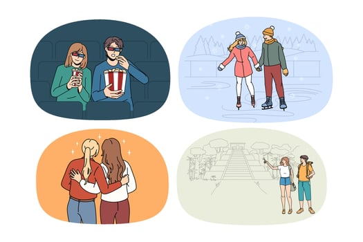 Set of happy young people have fun relax together on leisure weekend. Collection of diverse friends enjoy vacation, rest in cinema or skating outdoors. Flat vector illustration.