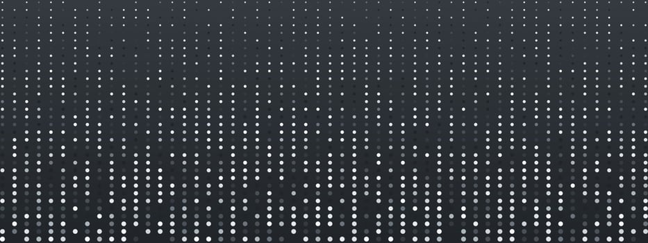 Silver halftone dotted texture. White and grey dots on blue gradient background. Horizontal panoramic design template. Abstract polka dots pattern. Pop art style backdrop. Wide long simple banner vector