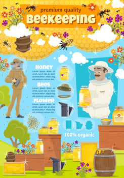 Beekeeping apiary farm and beekeeper, vector