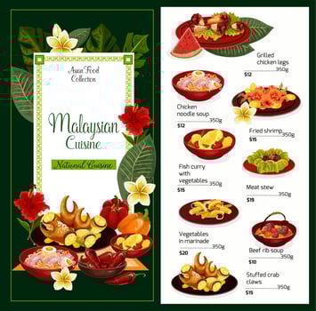 Malaysian cuisine traditional dishes, vector menu