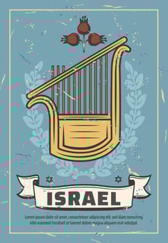 Israel travel and Jewish harp with laurel wreath vector