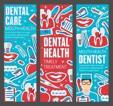 Dentistry banners, doctor and dental care tools vector