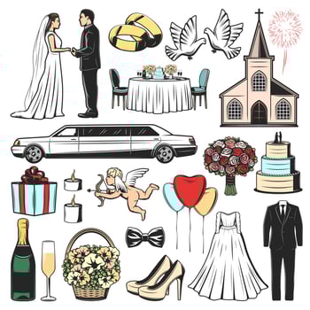 Wedding icons of marriage gift, heart and love vector