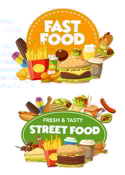 Fast food burger sandwich, snacks and drinks vector