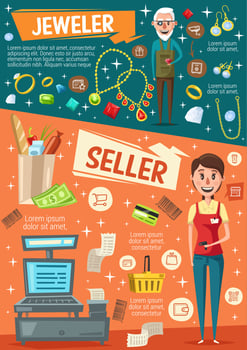Cashier, goldsmith, cash register and jewelry vector