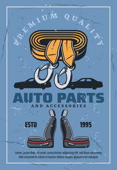Car seats and towing rope. Spare parts store vector
