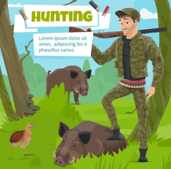 Hunter with wild animals trophy in forest vector