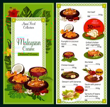 Malaysian cuisine traditional dishes food menu vector