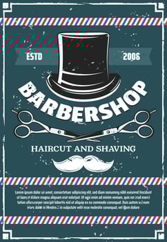 Barbershop scissors and mustaches, man hat vector