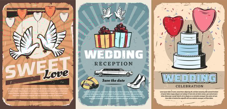 Wedding ceremony. Vector gifts, car and cake