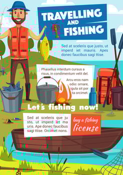 Travelling and fishing poster with fisher and camp vector