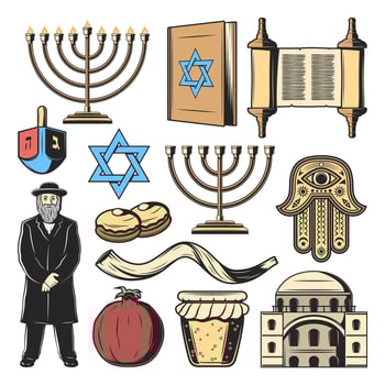 Jewish religion symbols, Israel culture tradition vector
