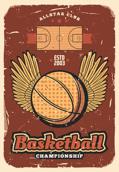 Basketball sport ball with wings, retro poster vector