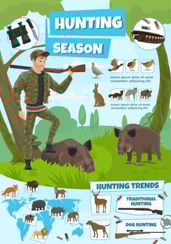 Hunting sport, ammunition, vector animals or birds