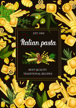 Pasta types menu, Italian food and seasonings vector
