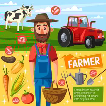 Farmer profession poster with farm harvest and cow vector