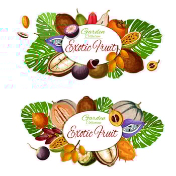 Natural exotic fruits, vegetarian food icons vector