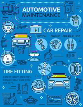 Car repair service poster with vehicle and parts vector