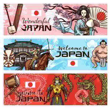 Japanese travel banners national symbols of Japan vector