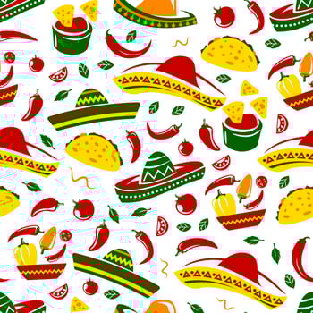Mexican taco, nacho and sombrero seamless pattern vector