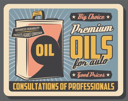 Motor oil metal can. Car engine lubricant vector