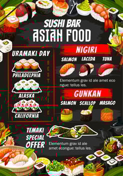 Sushi bar rolls, sashimi and maki menu vector