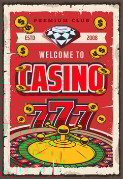 Casino gambling roulette, gem and golden coins vector
