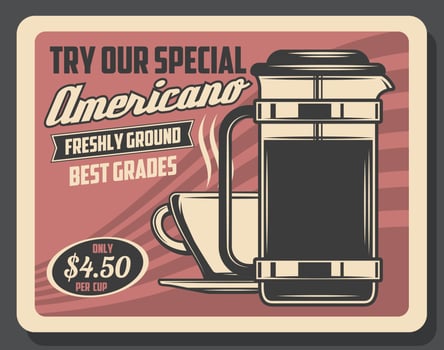 Hot americano, drink in steaming cup, coffee pot vector
