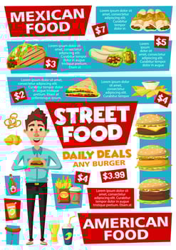 Fast food and street food snacks menu vector