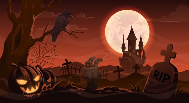 Halloween zombie hand, tombstone on cemetery vector