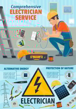 Electricity repair service, electrician worker vector