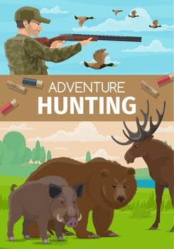 Animals hunting open season, hunter club adventure vector