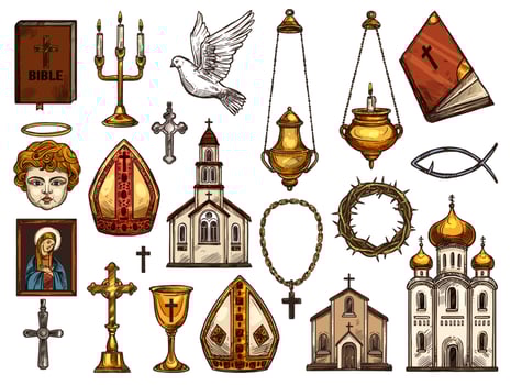 Christianity religion orthodox, catholic symbols vector