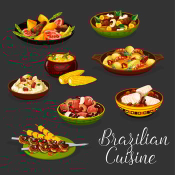 Brazilian meat dishes with vegetables and seafood vector