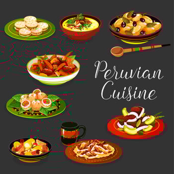 Peruvian cuisine dishes with meat and seafood vector