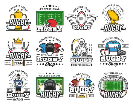 Rugby club championship, sport equipment icons vector