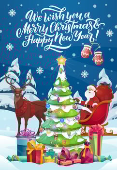 Christmas Santa on sleigh, New Year gifts vector
