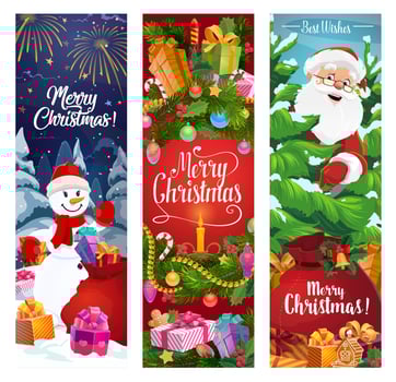 Christmas wreath, Santa and snowman with gifts vector