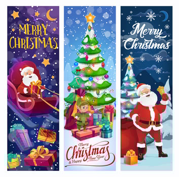 Santa sleigh with elf, Christmas tree and gifts vector