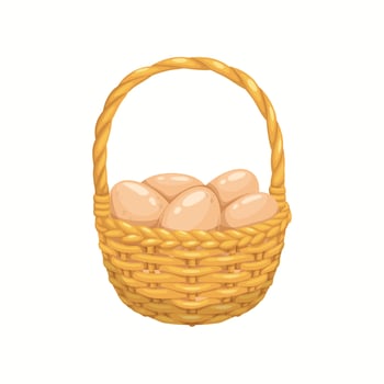 Cartoon chicken eggs in basket, farm production, vector
