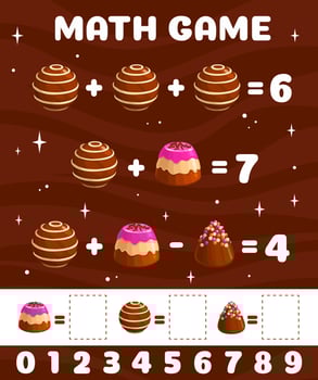 Cartoon chocolate candies on math game worksheet vector