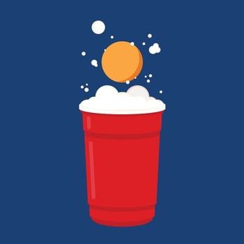 Plastic cups vector. Red Beer Pong plastic cups with ball. Traditional drinking game vector illustration.